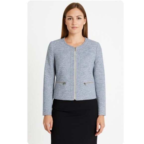 Halogen Women's L Textured Blue & White Bouclé Tweed Blazer Jacket Full Zip - Picture 16 of 16